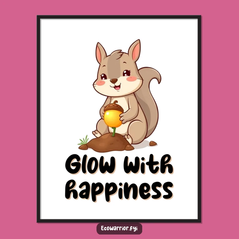 Funny Squirrel Planter Poster - Cheerful Glowing Acorn Art, Whimsical and Hilarious Decor