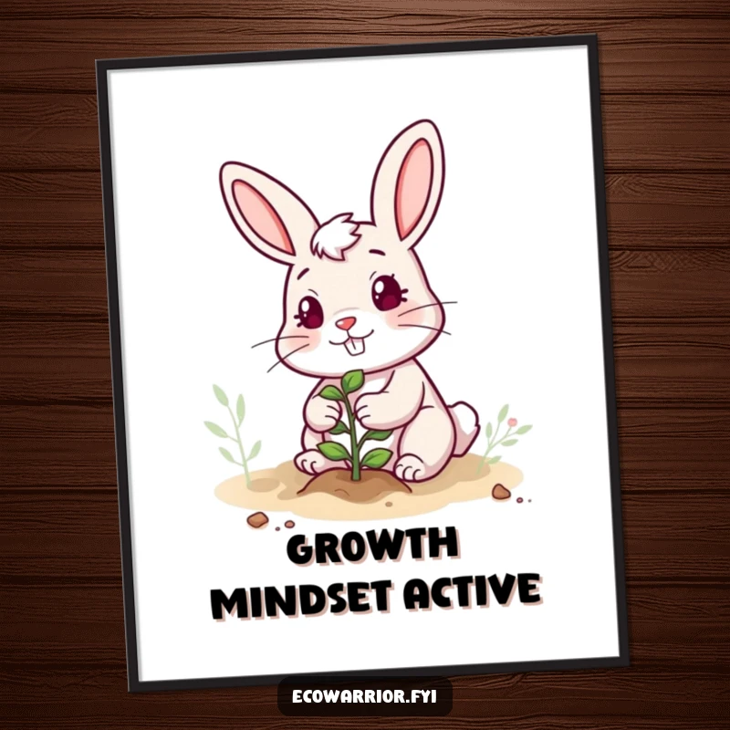 Funny poster displaying a determined rabbit with a cheerful expression, planting a small sapling, bringing nature's humor indoors.