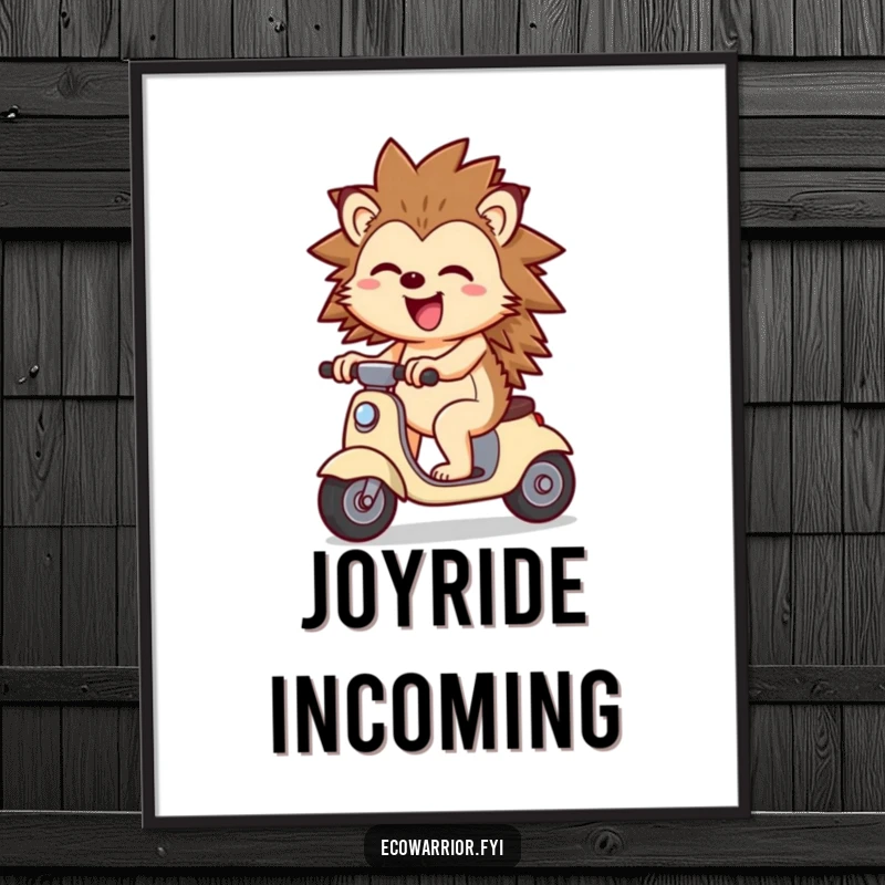 Funny Cheerful Hedgehog Scooter Poster: Joyful hedgehog on a wind scooter, looking happy and carefree, a fun wall art.