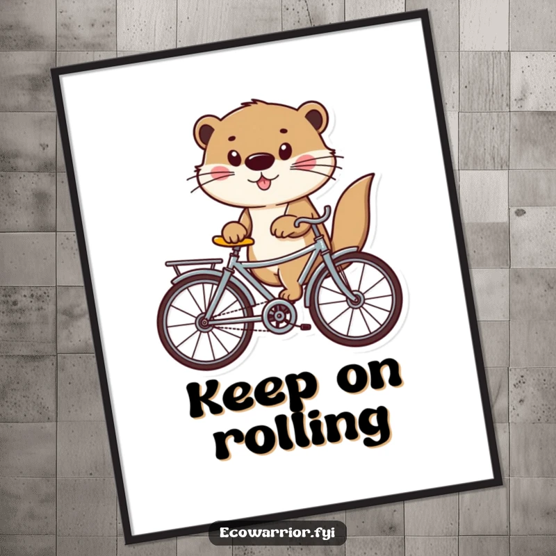 Funny otter on a bicycle crafted from recycled materials, displayed as a humorous poster for eco-themed wall decor.