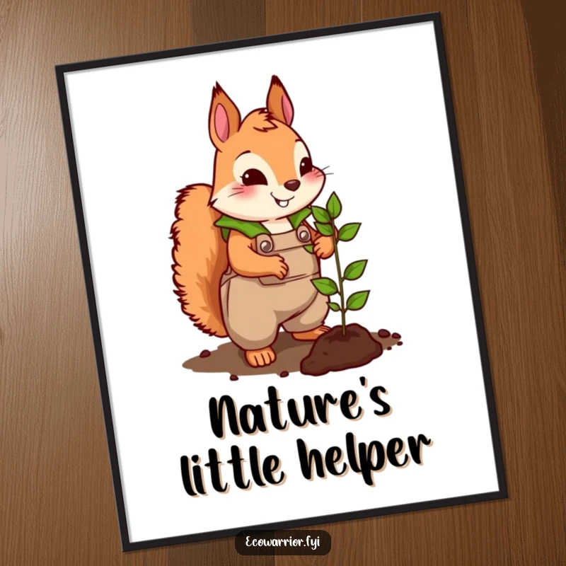 Funny poster print of a cute squirrel in leafy overalls energetically planting a tiny seedling, celebrating nature and growth.