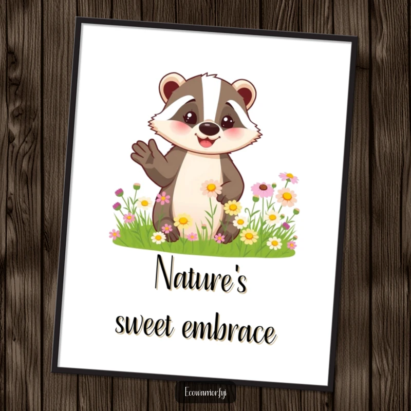 Funny poster art of a friendly badger smiling and gesturing to vibrant wildflowers, perfect for nature-themed decor.