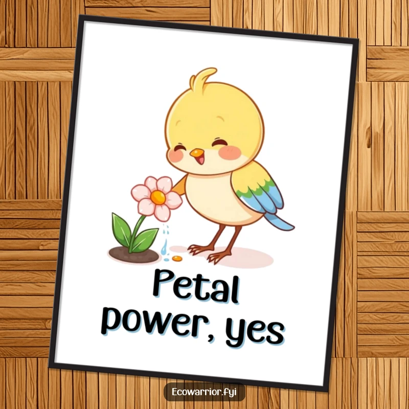 Funny poster of a joyful bird character watering a tiny blooming flower, bringing nature's beauty and humor indoors.