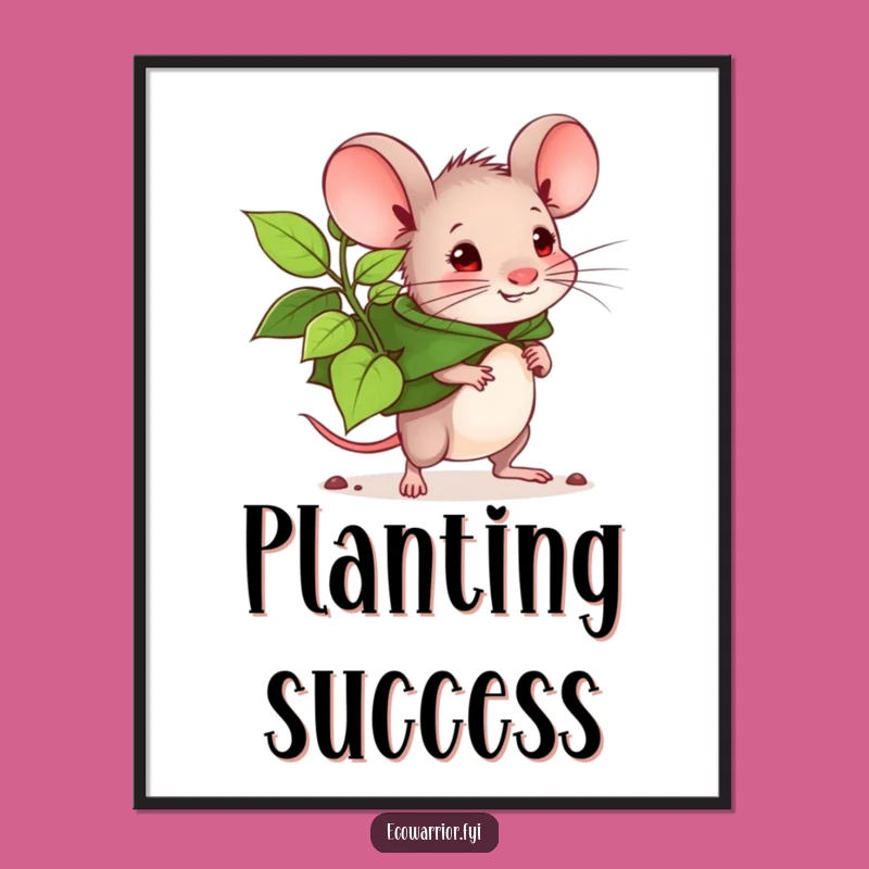 Funny Mouse Planter Poster - Determined Leaf Cape Mouse Art, Whimsical and Hilarious Decor