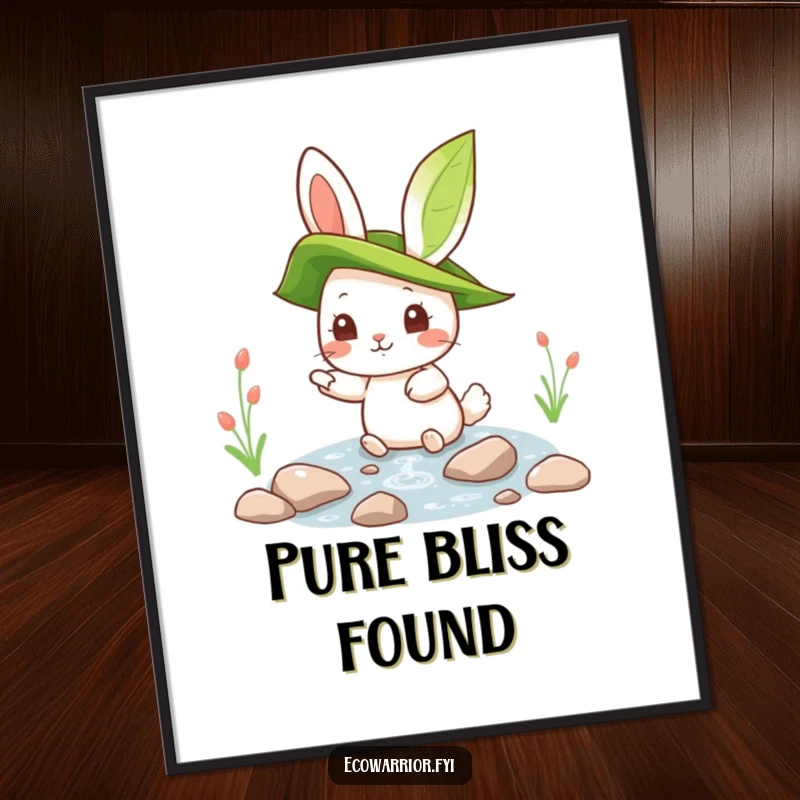 Funny rabbit wearing a leaf hat, pointing towards a clear stream, depicted as a humorous poster for nature-themed decor.