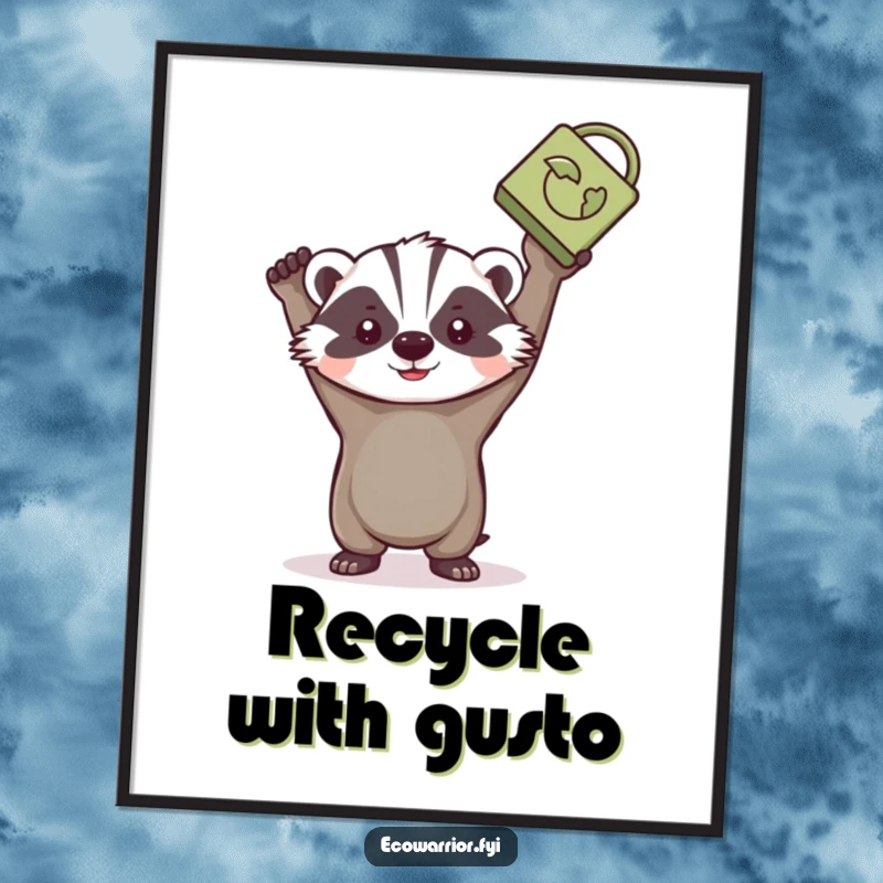 Funny badger poster, determinedly raising a recycled item high, embodying the spirit of environmental heroism.