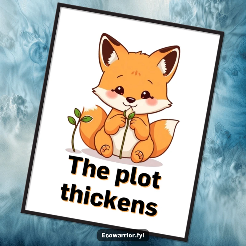 Funny fox poster, hands behind its back, observing a sprouting seed with intense curiosity and focus.