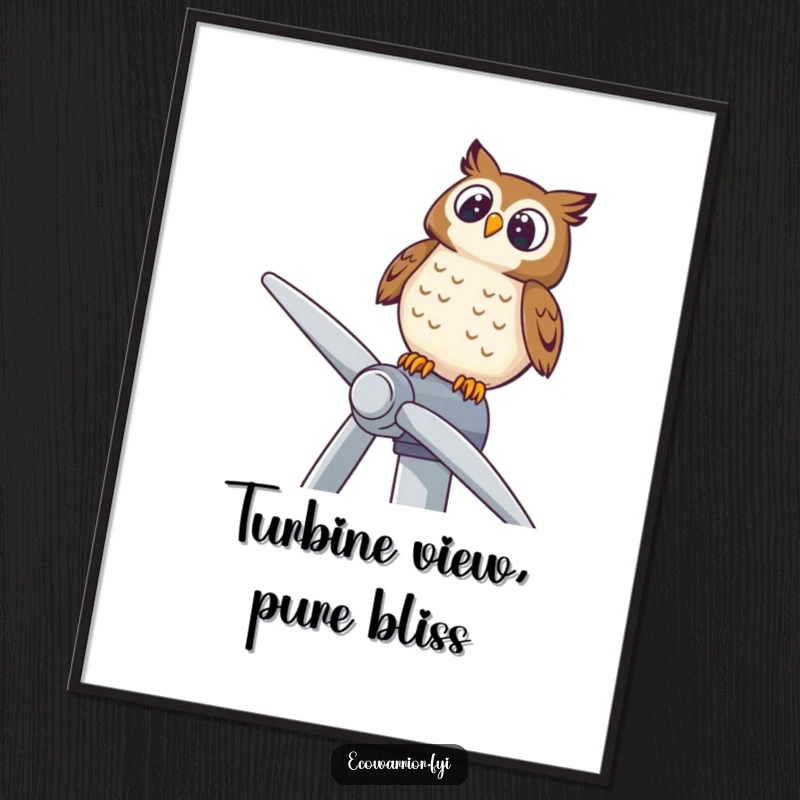 Funny poster of a delighted owl perched on a wind turbine, looking upwards, symbolizing wisdom and clean energy.
