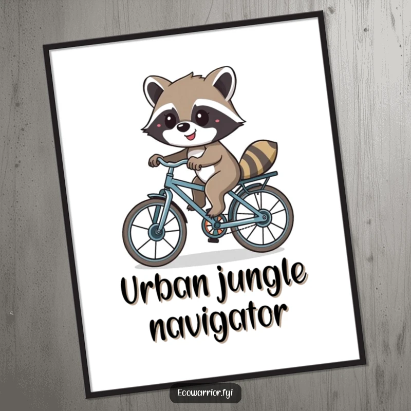 Funny poster featuring a smiling raccoon riding a bicycle constructed from recycled parts, a whimsical celebration of eco-friendly transport.