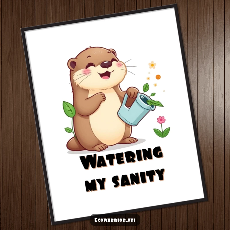 Funny Otter Gardener Poster: A joyful otter with a leaf watering can gently sprinkles water on flourishing plants, creating a serene scene.