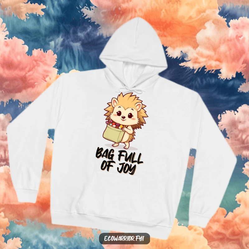 Funny hedgehog character carrying a reusable shopping bag filled with treats, featured on a warm hoodie for cozy preparedness.