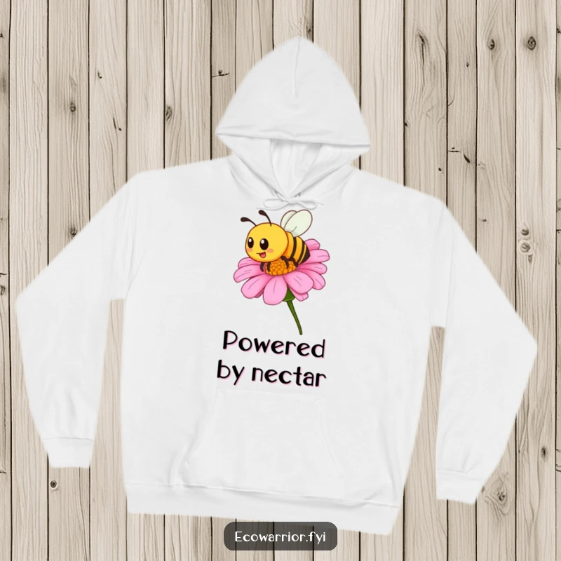 Funny hoodie featuring a proud bee buzzing around a wildflower, offering warmth and a humorous symbol of nature's vibrant activity, a great gift.
