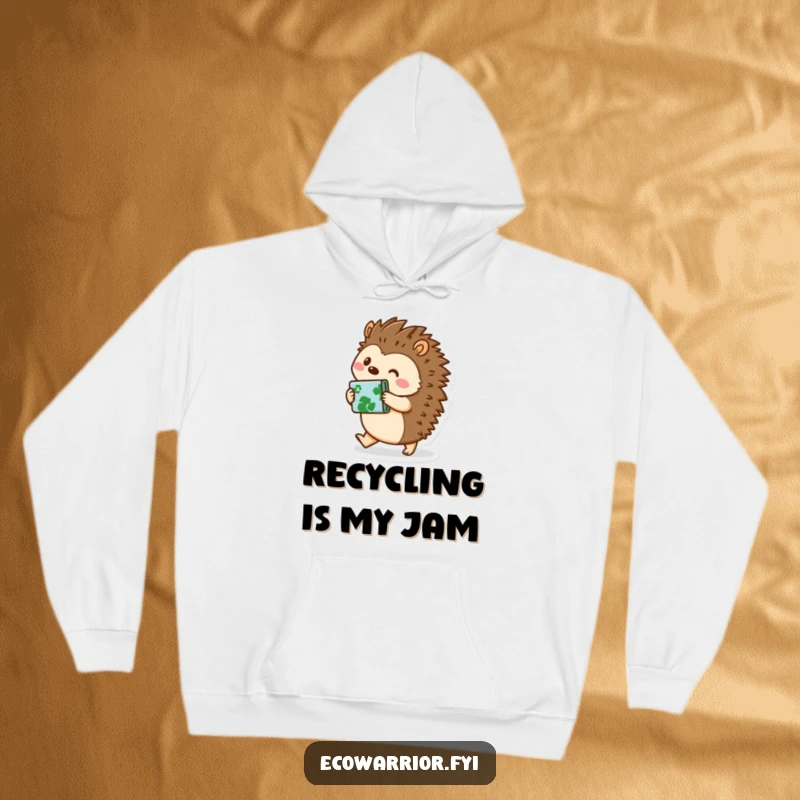 Funny hedgehog character in a cozy hoodie, carrying recycled materials, exuding environmental passion, perfect for funny hoodie enthusiasts and gift-givers.