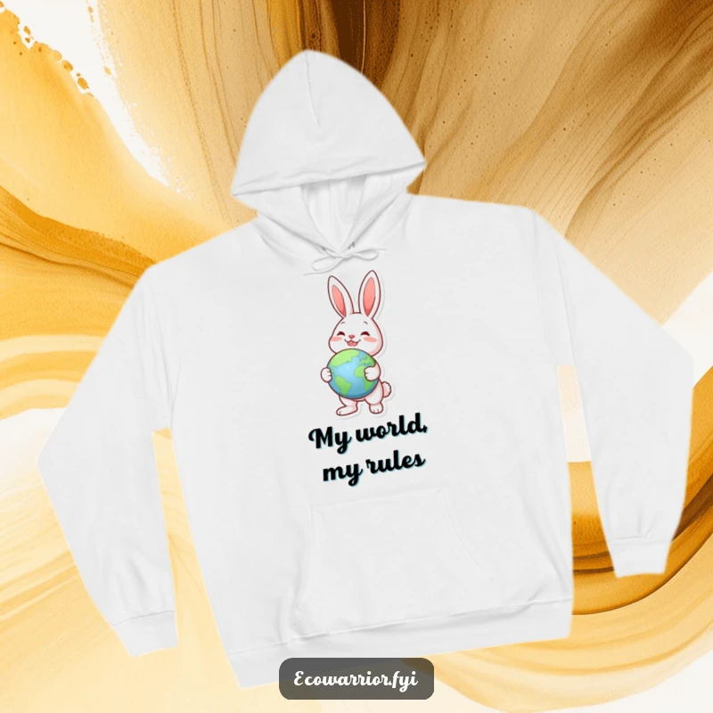 Funny Joyful Rabbit Globe Hoodie: A cozy hoodie with a joyful rabbit holding a globe, pointing to a green landmass.
