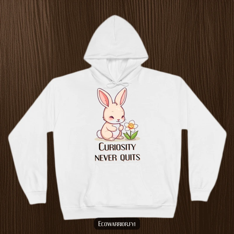Funny rabbit character in a cozy hoodie, peering closely at a blooming flower, conveying gentle curiosity and appreciation for nature, ideal for funny hoodie lovers.