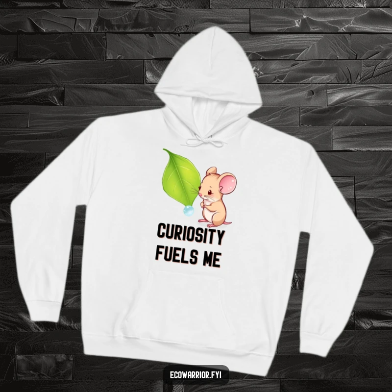 Funny hoodie featuring a curious mouse intently looking at a dewdrop on a leaf, a symbol of wonder and quiet observation.
