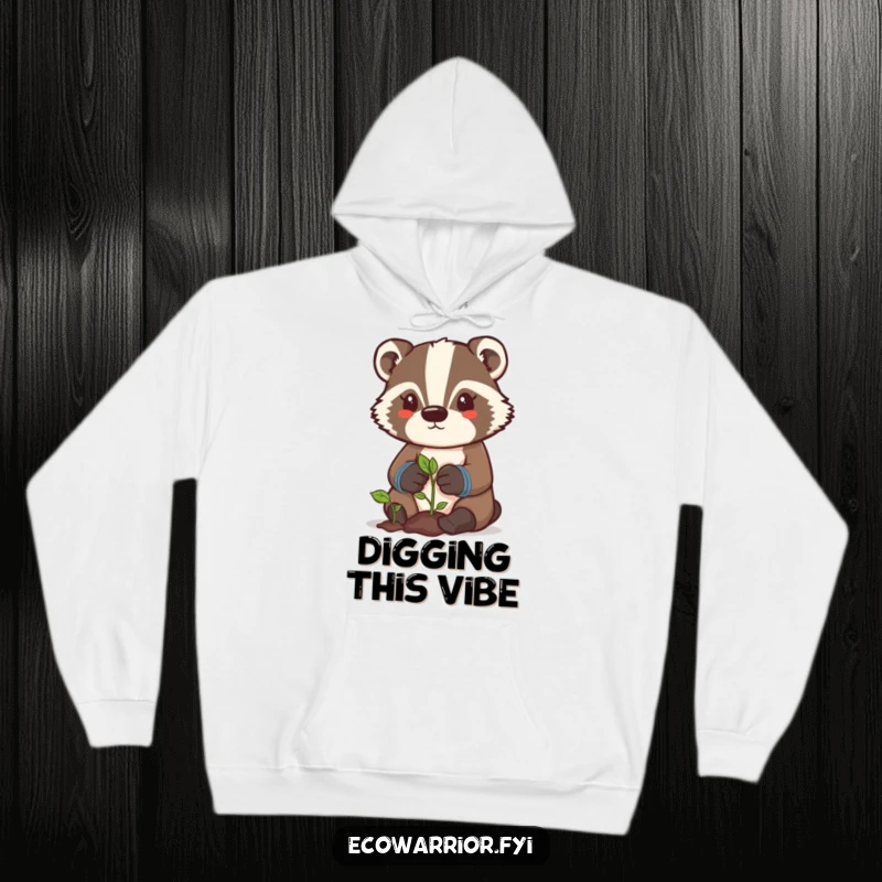 Funny badger gardener hoodie showing a determined character in gloves tending a sprout, offering warmth and humor.