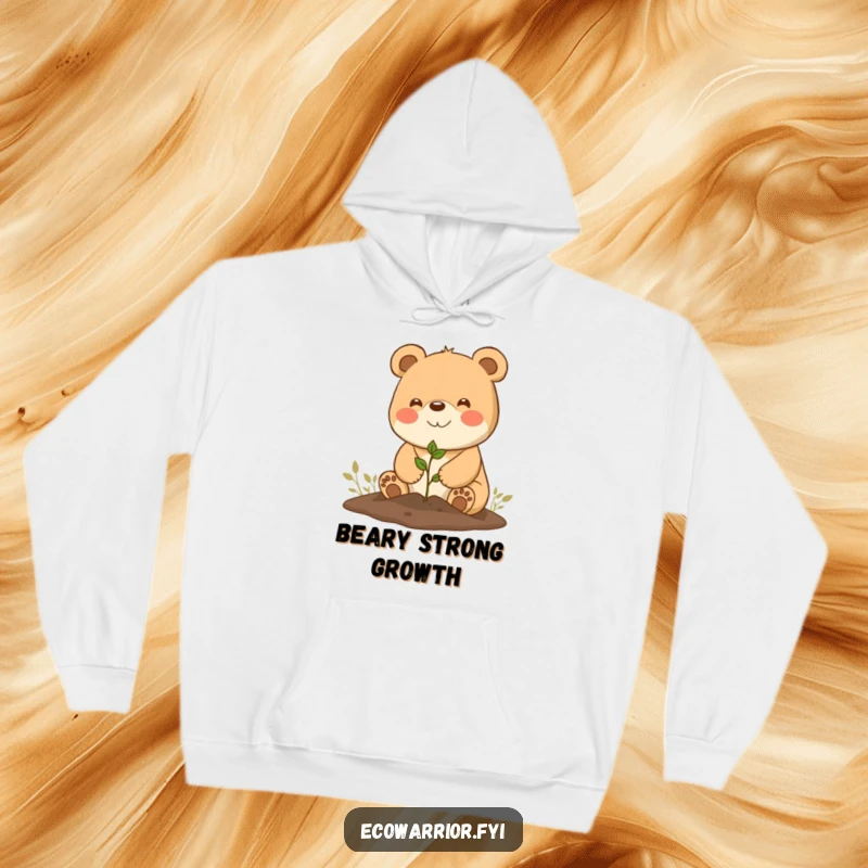 Funny Hoodie: Comfortable and cozy with a happy bear character planting a tiny seedling.