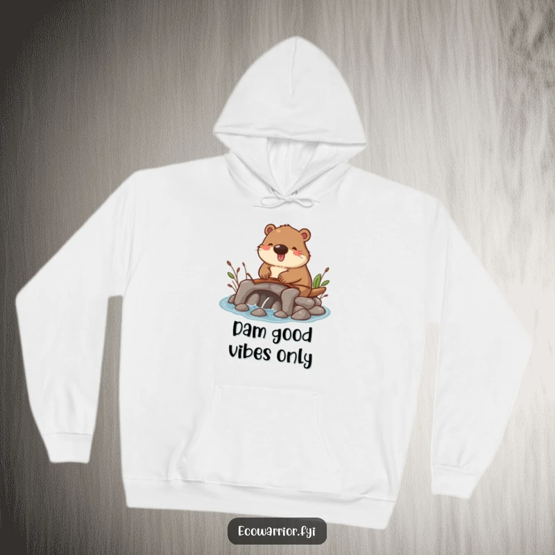 Funny hoodie featuring a cheerful beaver working on a small twig dam, embodying happiness and the spirit of creation.