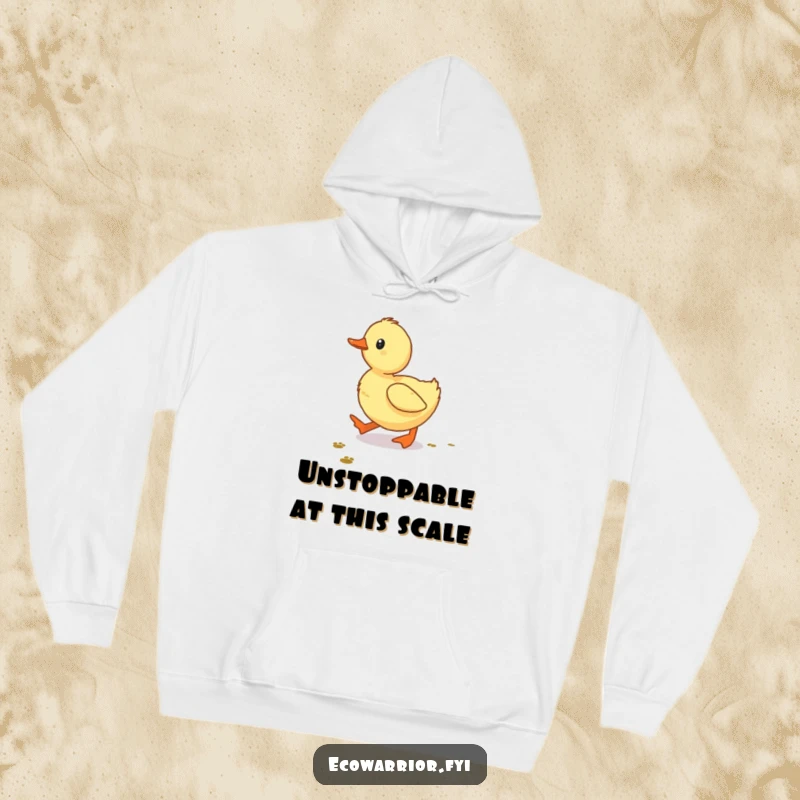 Funny Duckling Hoodie, a baby duckling following tiny footprints, soft and cozy apparel with a humorous adventure theme.