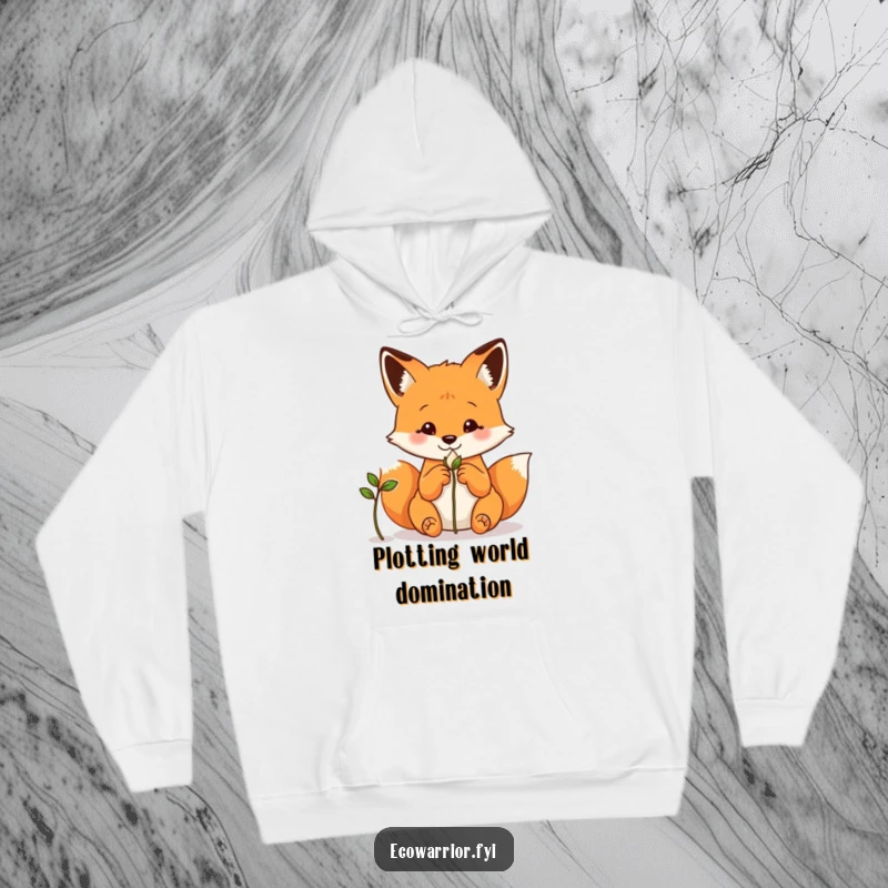 Funny fox hoodie, hands behind its back, curiously watching a small seedling emerge from the earth.