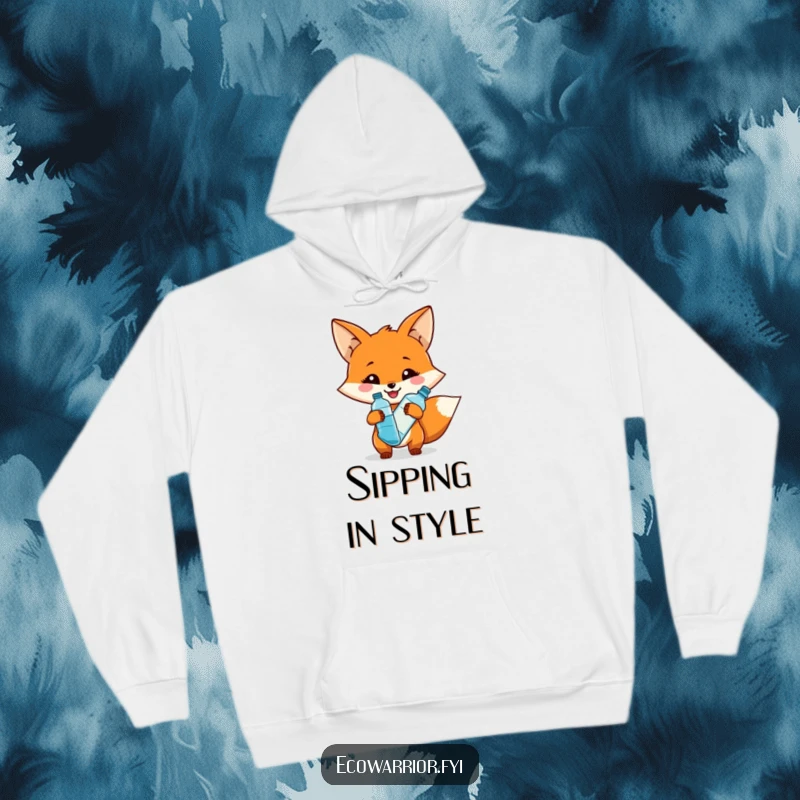 Funny hoodie showing a smiling fox character holding a reusable water bottle, offering comfort and eco-friendly humor.