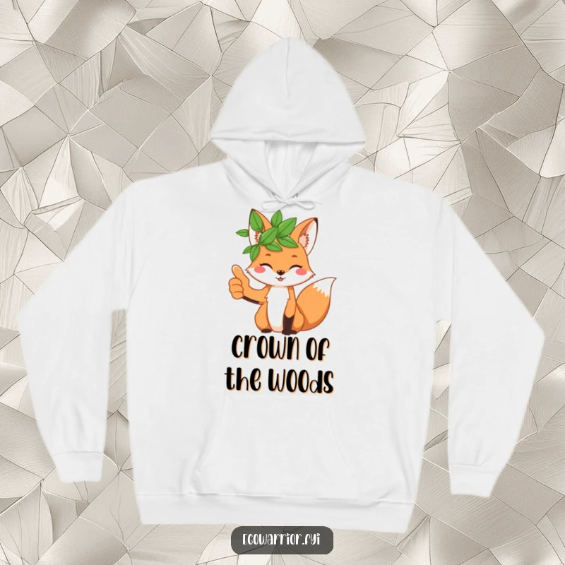Funny and playful fox wearing a leaf crown, giving a thumbs up, on a warm and cozy hoodie.