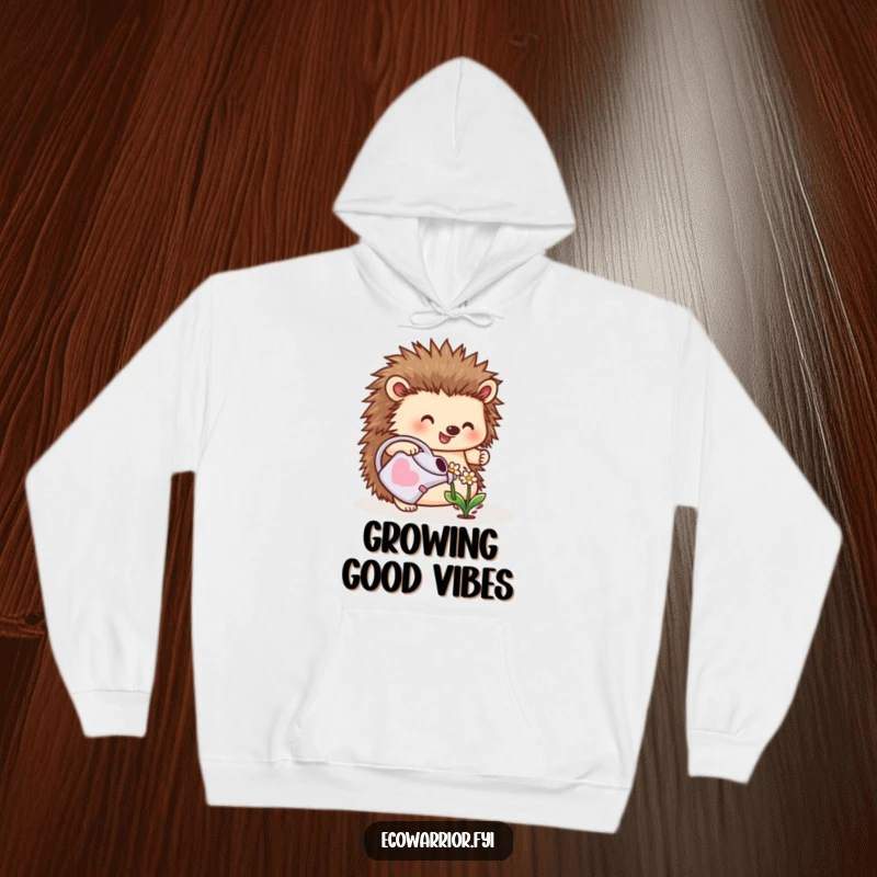 Funny hoodie featuring a cheerful hedgehog watering a flower with a watering can, offering comfort and a touch of garden magic.