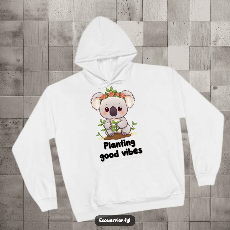 Funny koala hoodie featuring a cute koala in a leaf crown, determinedly planting a small tree, cozy and eco-friendly.