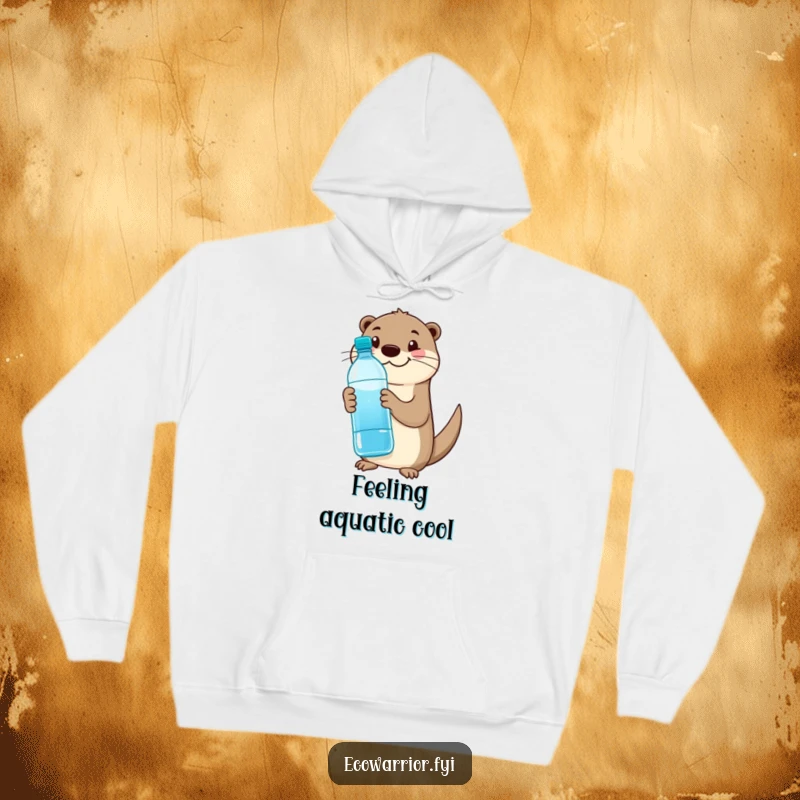 Funny otter hoodie featuring a happy otter with a water bottle, giving a thumbs up, cozy and eco-friendly.
