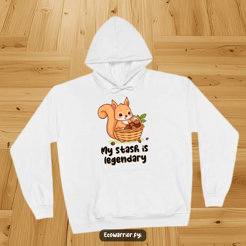 Funny hoodie showing a playful squirrel carefully placing acorns into a basket, a symbol of diligence and woodland charm.