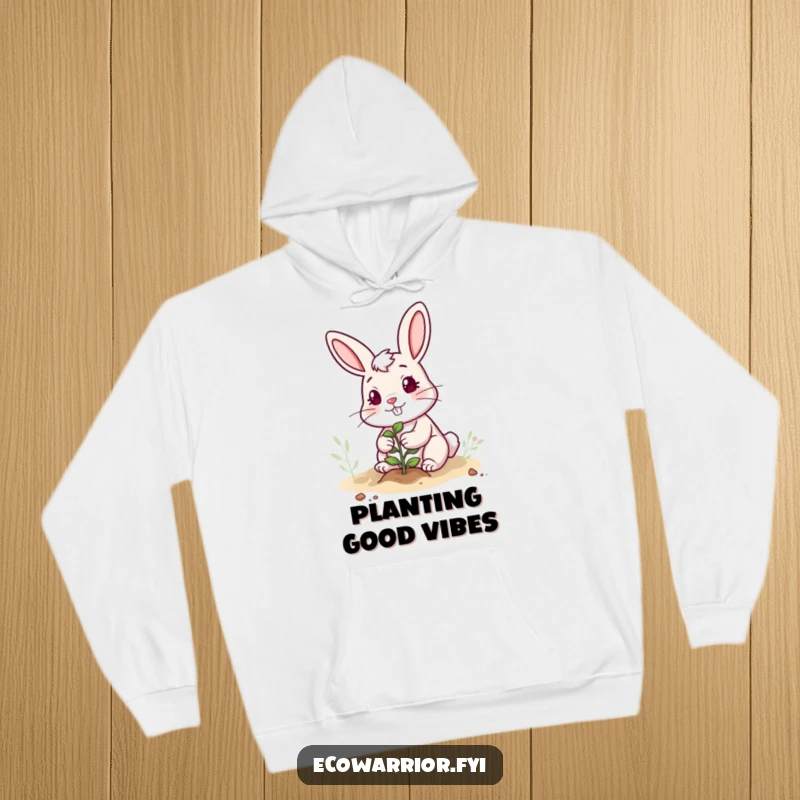 Funny hoodie showcasing a determined rabbit with a cheerful grin, planting a small sapling, perfect for cozy, humorous gardening days.