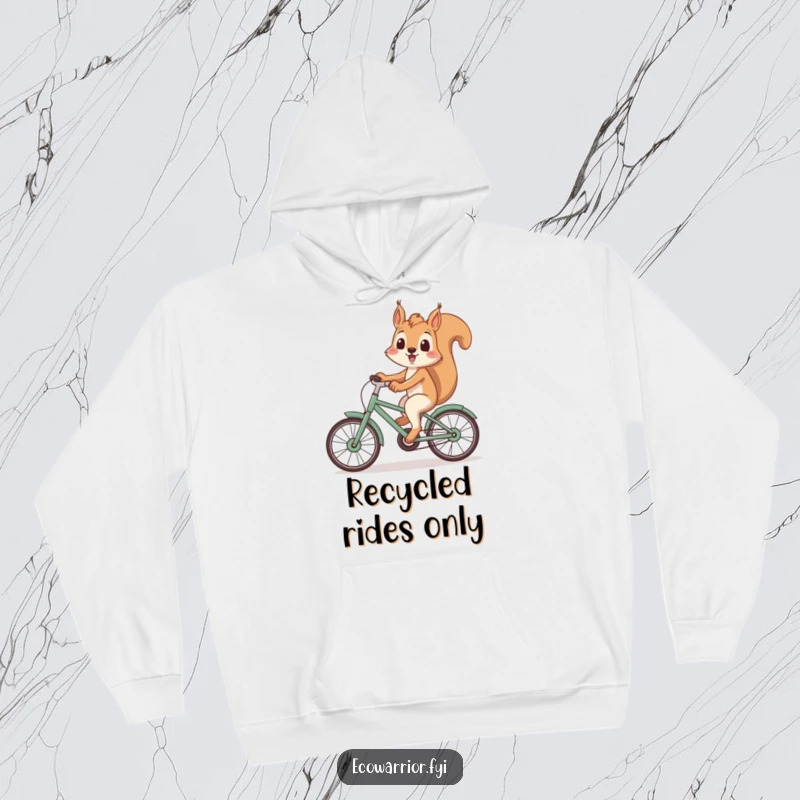 Funny Squirrel Hoodie: Playful squirrel smiling on a bike made of recycled materials, perfect cozy eco funny gift.