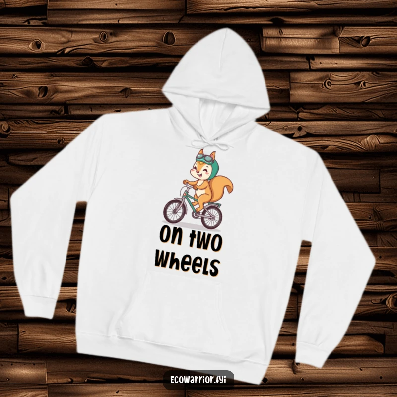 Funny squirrel hoodie featuring a playful squirrel riding a bike made of recycled materials, cozy and eco-friendly.
