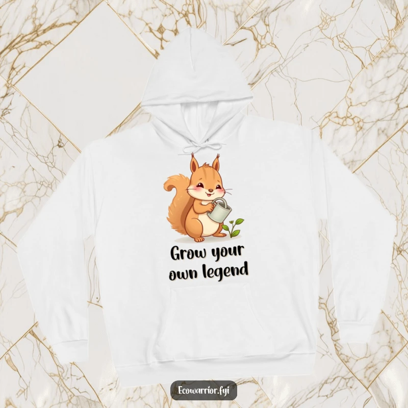 Funny squirrel hoodie, a cheerful character with a watering can tending to a small sprout, embodying gardening spirit.