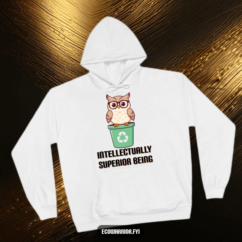Funny hoodie depicting a smiling owl wearing spectacles, perched on a recycling bin, a symbol of wisdom and eco-friendliness.
