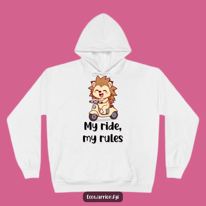 Cozy Funny Cheerful Hedgehog Scooter Hoodie: Joyful Adventure Wear, Ideal Funny Gift