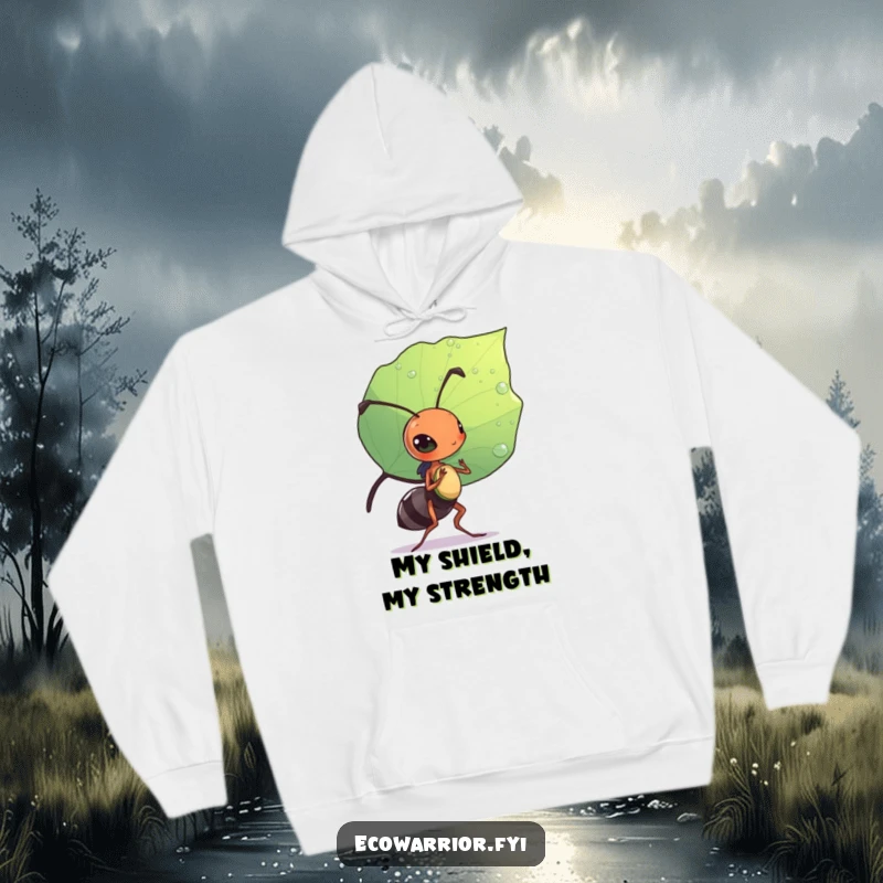 Funny hoodie featuring a diligent ant carrying a large leaf like a shield, offering warmth and an inspiring message.