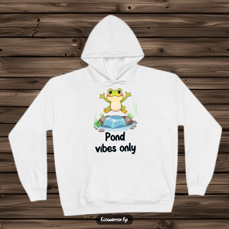 Funny Frog Hoodie featuring a cheerful frog character dynamically jumping over a pristine, shallow stream, showcasing playful movement.