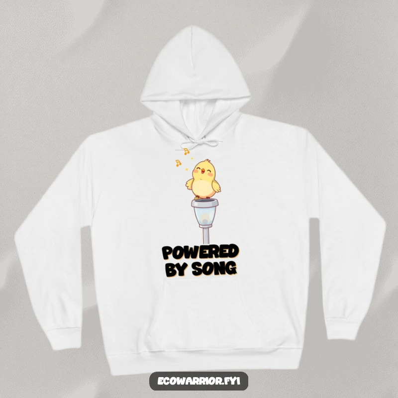 Funny hoodie featuring a happy bird singing on a solar garden light, offering warmth and a humorous symbol of cheerful outdoor moments, a great gift.