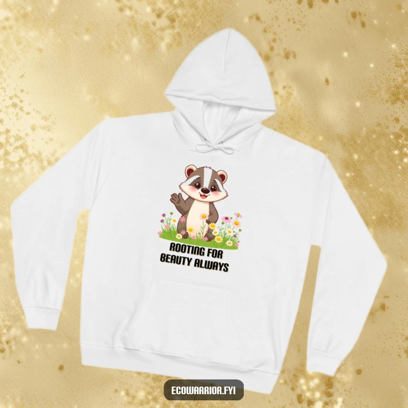 Funny hoodie with a friendly badger gesturing towards wildflowers, offering warmth and woodland charm.
