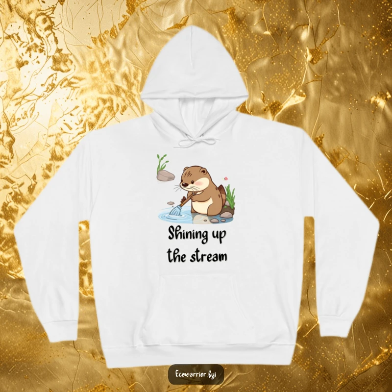 Funny hoodie featuring a diligent otter with focused glee, cleaning a riverbank, perfect for cozy, humorous tidiness.