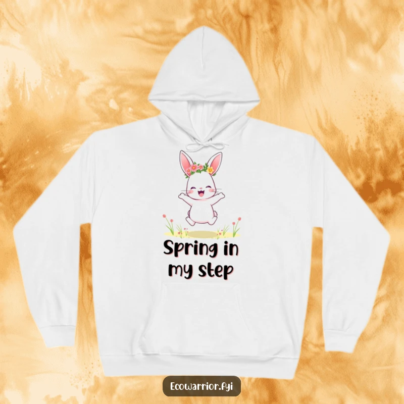Funny rabbit hoodie, wearing a flower crown, captured mid-leap with exuberant joy in a blooming field.