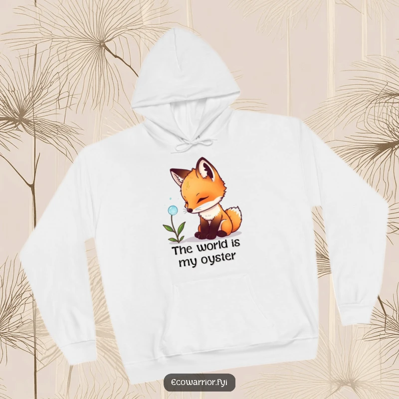 Funny fox cub hoodie, depicting a small cub intensely observing a glistening dewdrop on a plant, radiating curiosity and innocence.