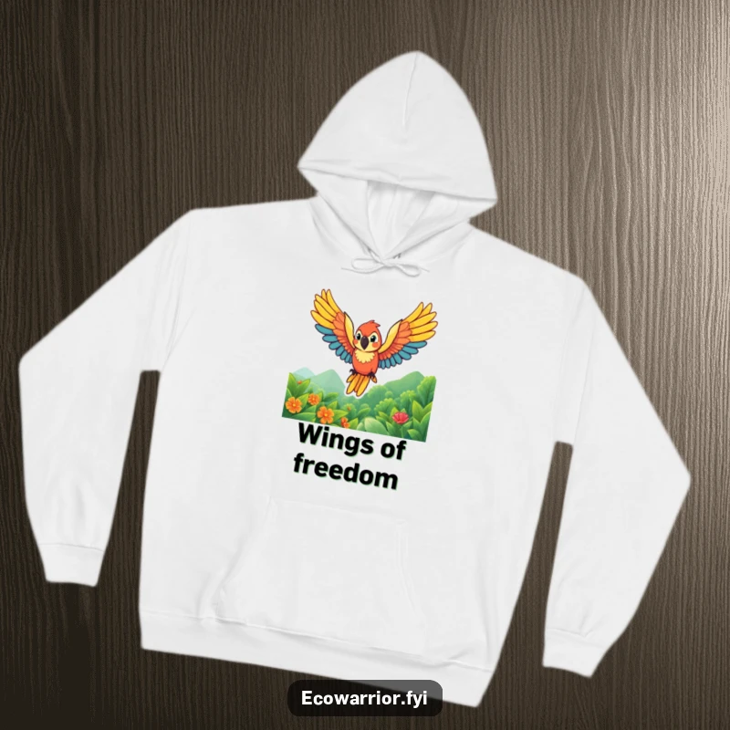 Funny parrot hoodie showcasing a vibrant character soaring with wings spread wide, offering cozy warmth and a touch of tropical humor.