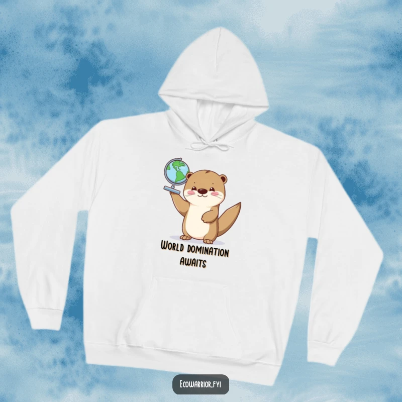 Funny hoodie depicting a proud otter holding a small globe, offering warmth and a humorous touch for travel enthusiasts.