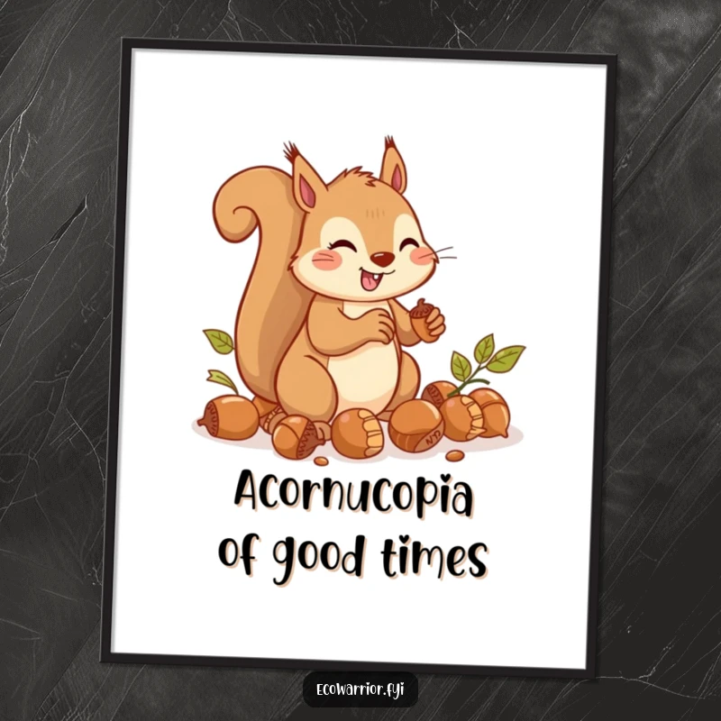 Funny Free Printable Wall Art: A cheerful squirrel in rapid motion, gathering acorns with enthusiastic focus and speed.