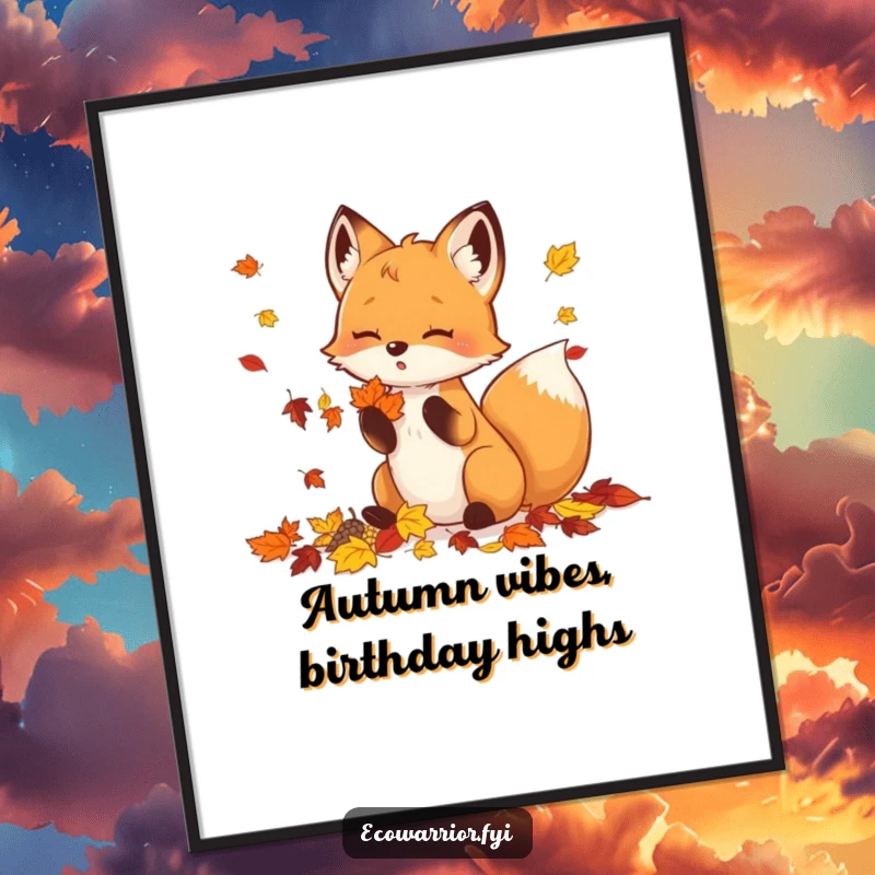 Funny Free Printable Wall Art: Playful fox enthusiastically collecting colorful autumn leaves, perfect for seasonal decor.