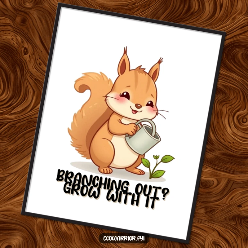 Funny Free Printable Wall Art: A cheerful squirrel with a watering can, happily tending to a tiny sprout, full of life.