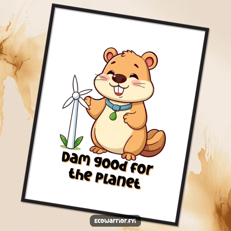 Funny Free Printable Wall Art: Smiling beaver character proudly holding a miniature windmill, symbolizing clean energy.